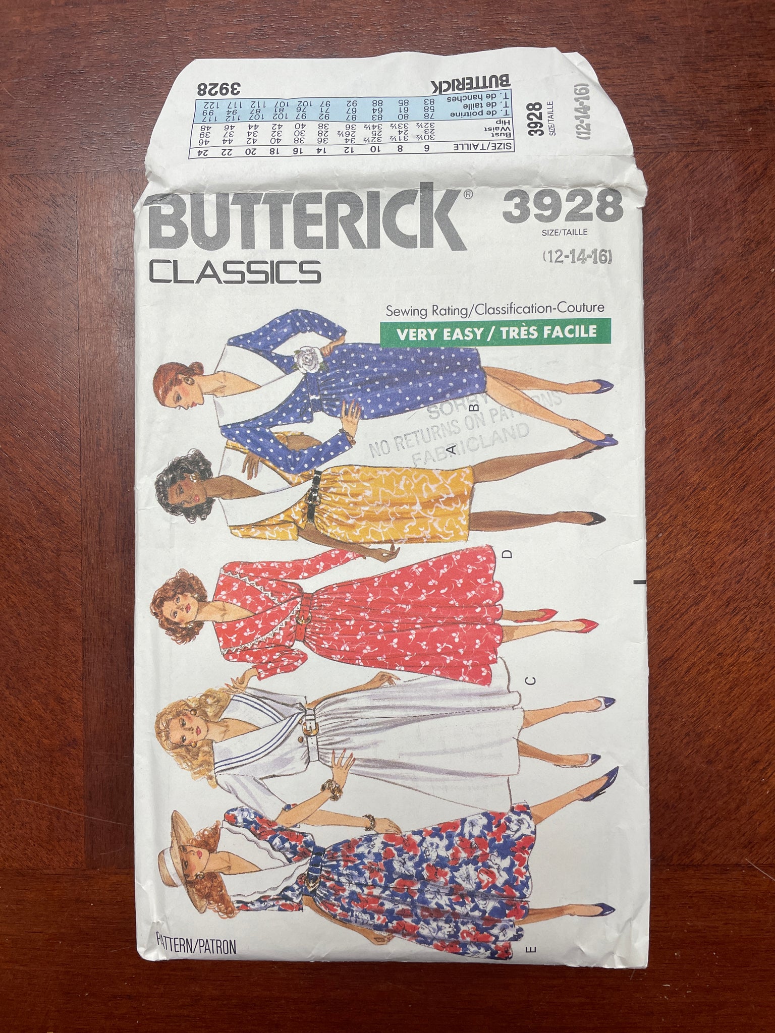 1989 Butterick 3928 Pattern - Dress FACTORY FOLDED