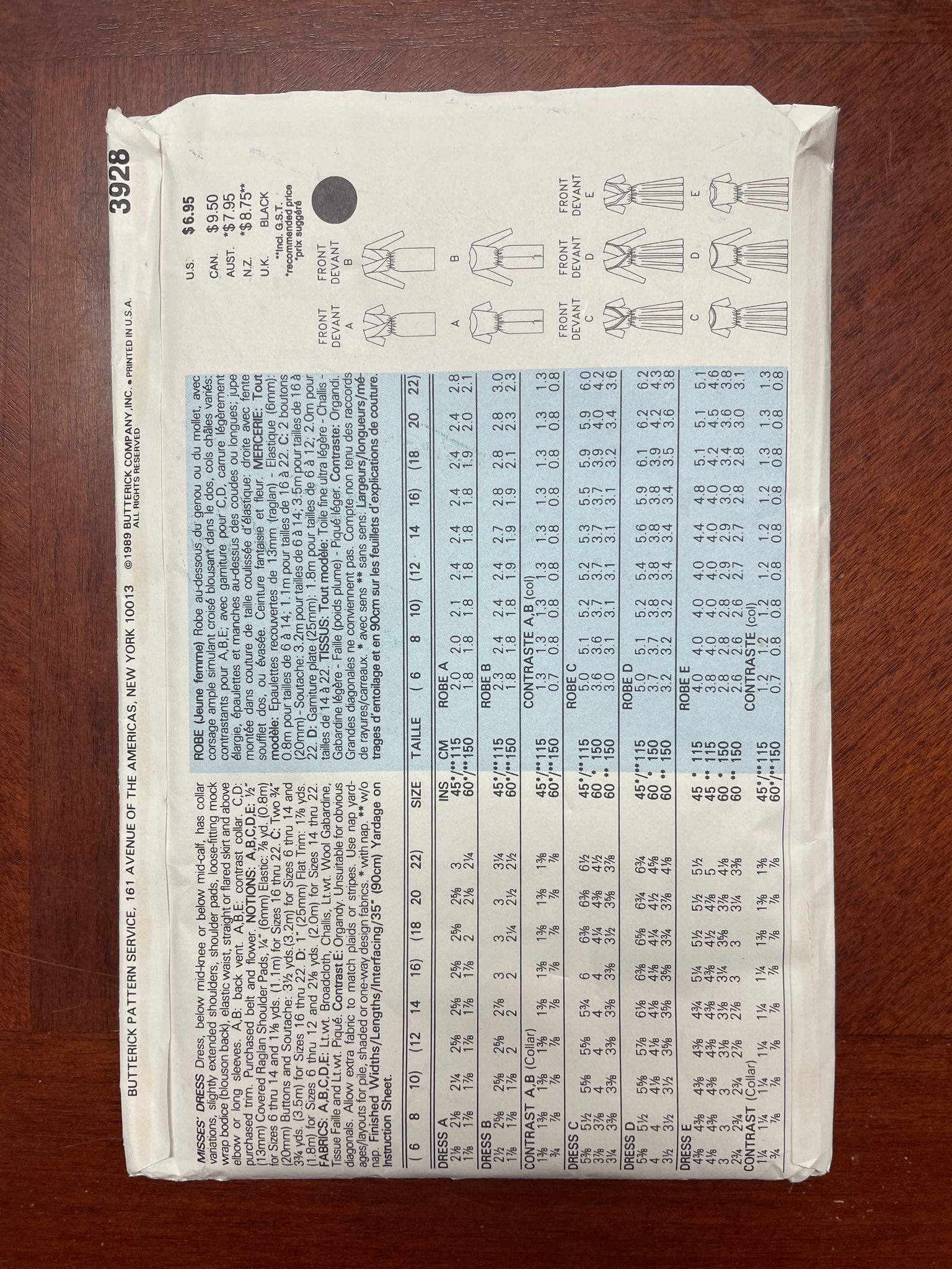 1989 Butterick 3928 Pattern - Dress FACTORY FOLDED