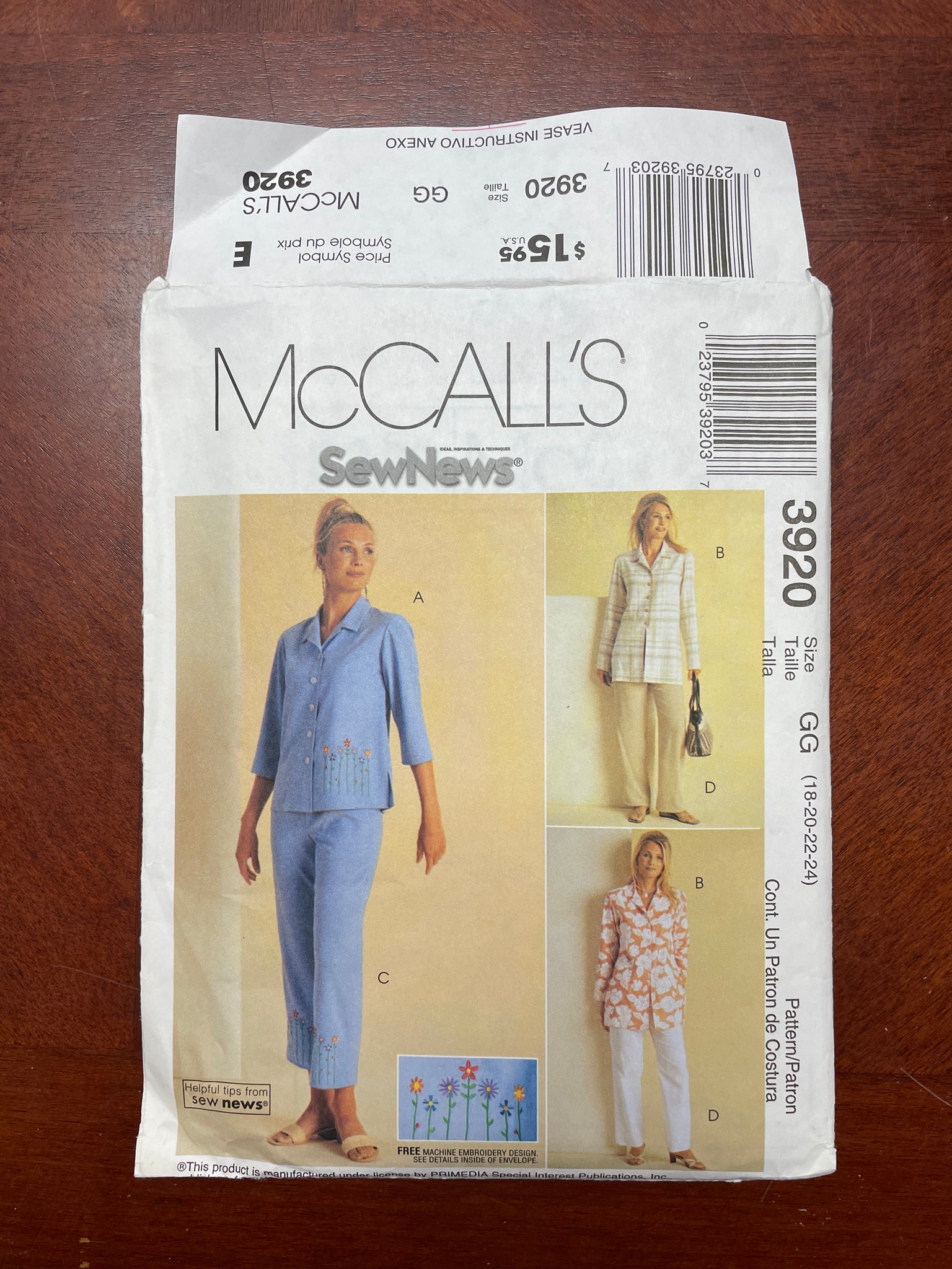 2003 McCall's 3920 Pattern - Tops and Pants FACTORY FOLDED