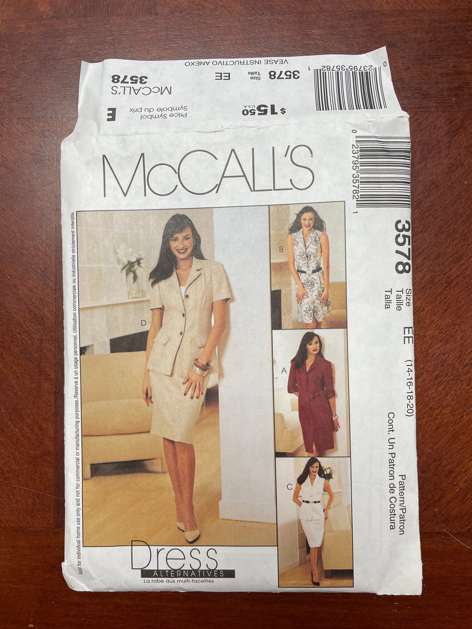 2002 McCall's 3578 Pattern - Dress, Jacket, Top, Skirt and Belt FACTORY FOLDED