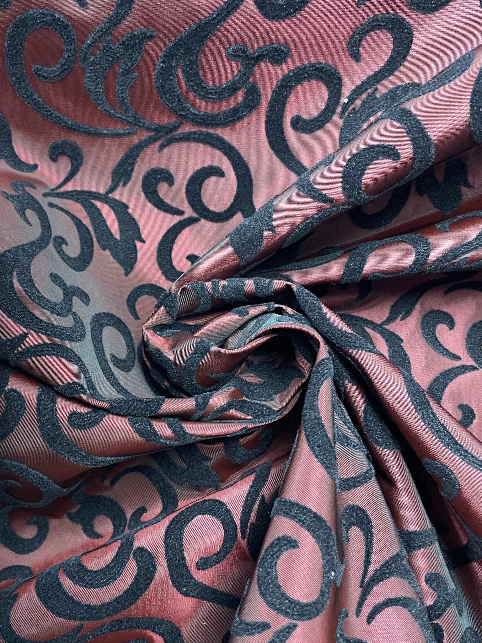 Polyester Iridescent Taffeta with Flocking - Red with Black Filigree