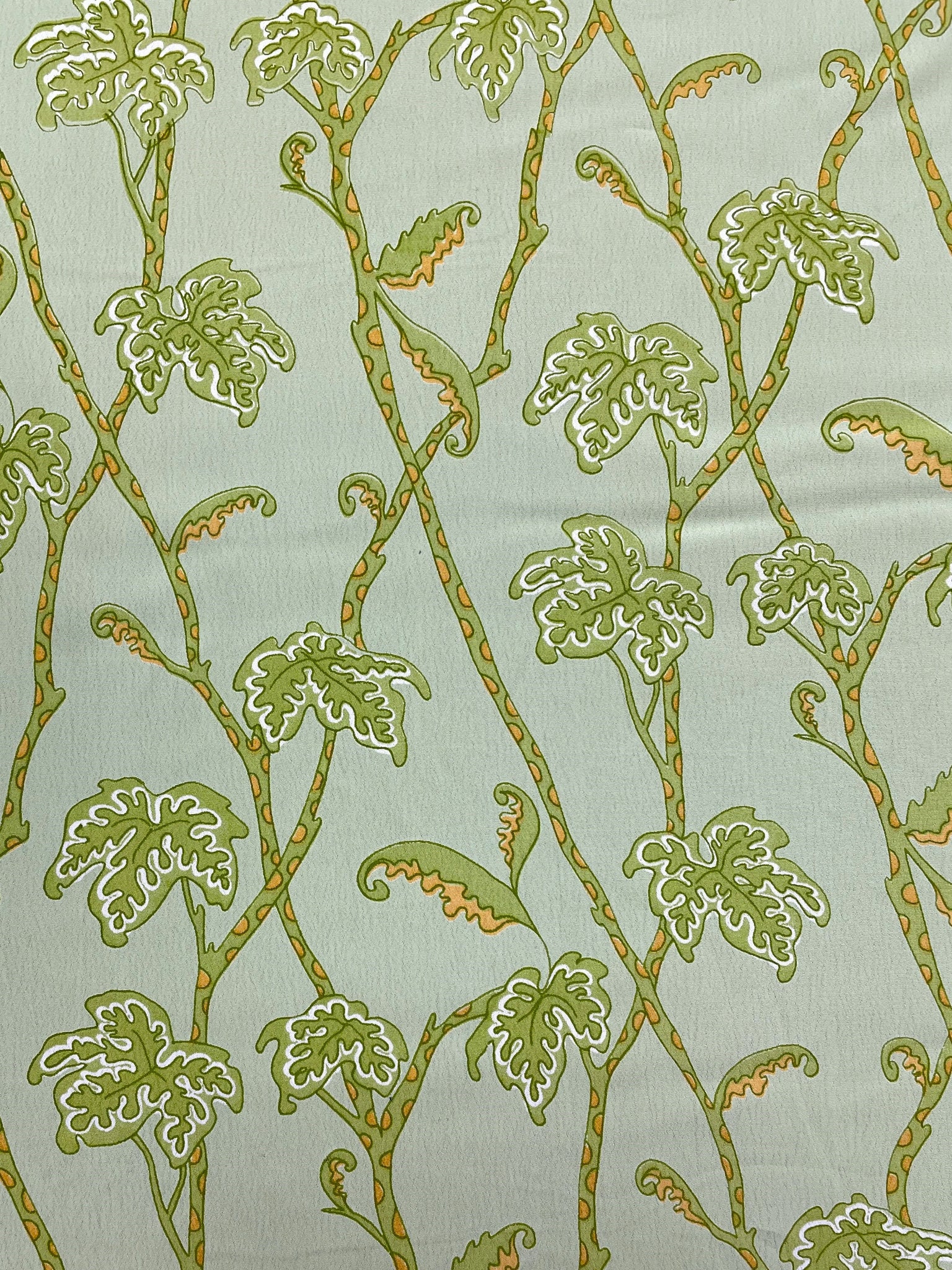 Rayon Crepe Vintage - Celery Green with Stylized Leaves and Stems