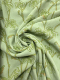 Rayon Crepe Vintage - Celery Green with Stylized Leaves and Stems