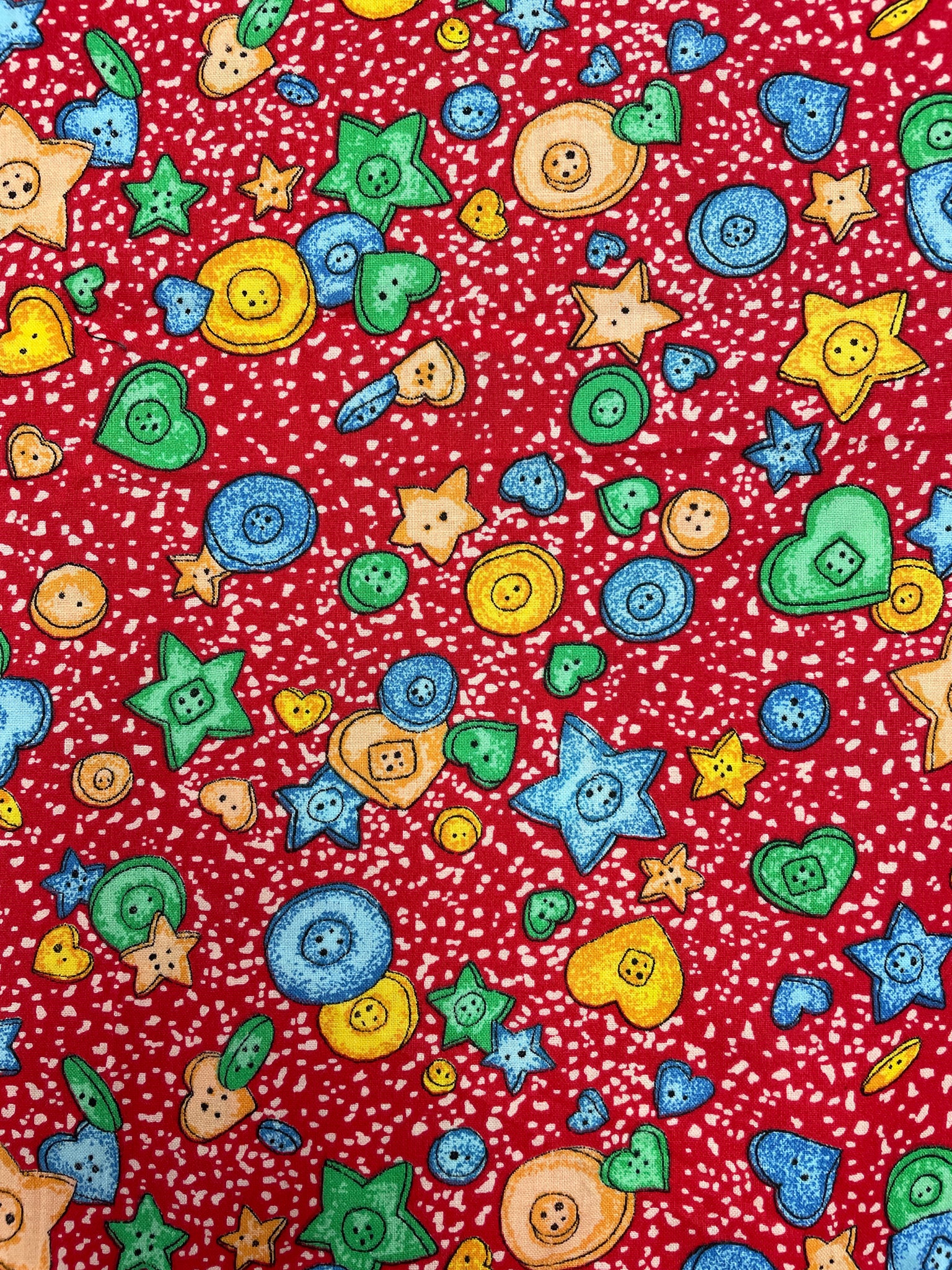 2 3/8 YD Quilting Cotton Vintage - Red with Heart and Star Buttons in Orange, Green and Blue