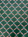 Cotton Polished Vintage - Dark Green with Pink Ribbon Lattice and Blue Flowers