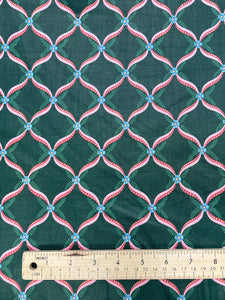 Cotton Polished Vintage - Dark Green with Pink Ribbon Lattice and Blue Flowers