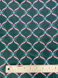 Cotton Polished Vintage - Dark Green with Pink Ribbon Lattice and Blue Flowers