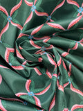 Cotton Polished Vintage - Dark Green with Pink Ribbon Lattice and Blue Flowers