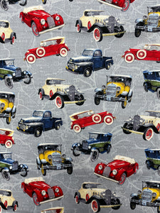 1 2/3 YD Quilting Cotton - Gray Road Map Background with Classic Cars