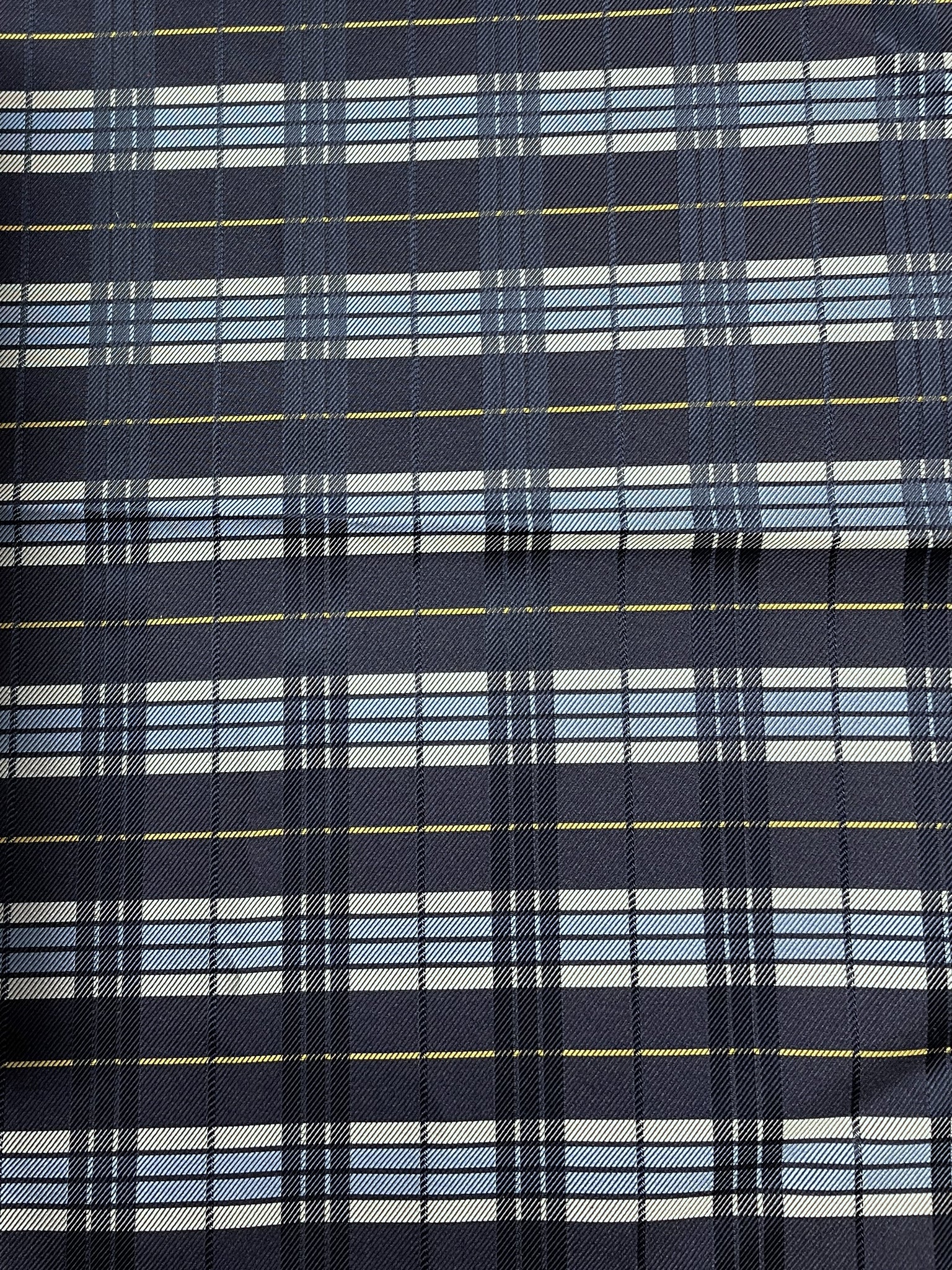 2 1/8 YD Tie Silk Yarn-Dyed Plaid - Navy Blue, Blue and Gray and Golden Yellow