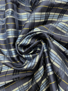 2 1/8 YD Tie Silk Yarn-Dyed Plaid - Navy Blue, Blue and Gray and Golden Yellow