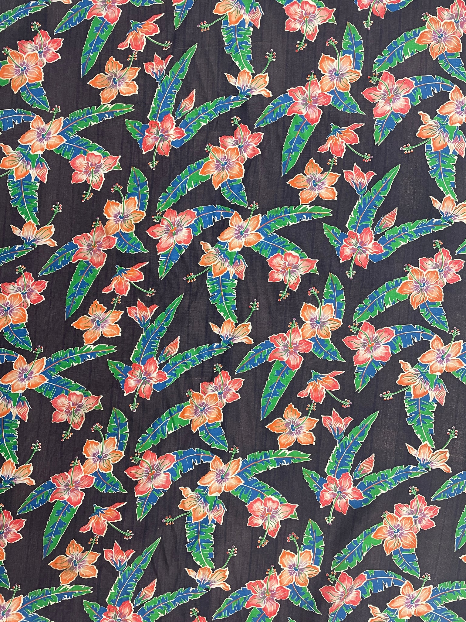 Rayon Vintage - Red and Orange Hibiscus on "Faded" Black Background