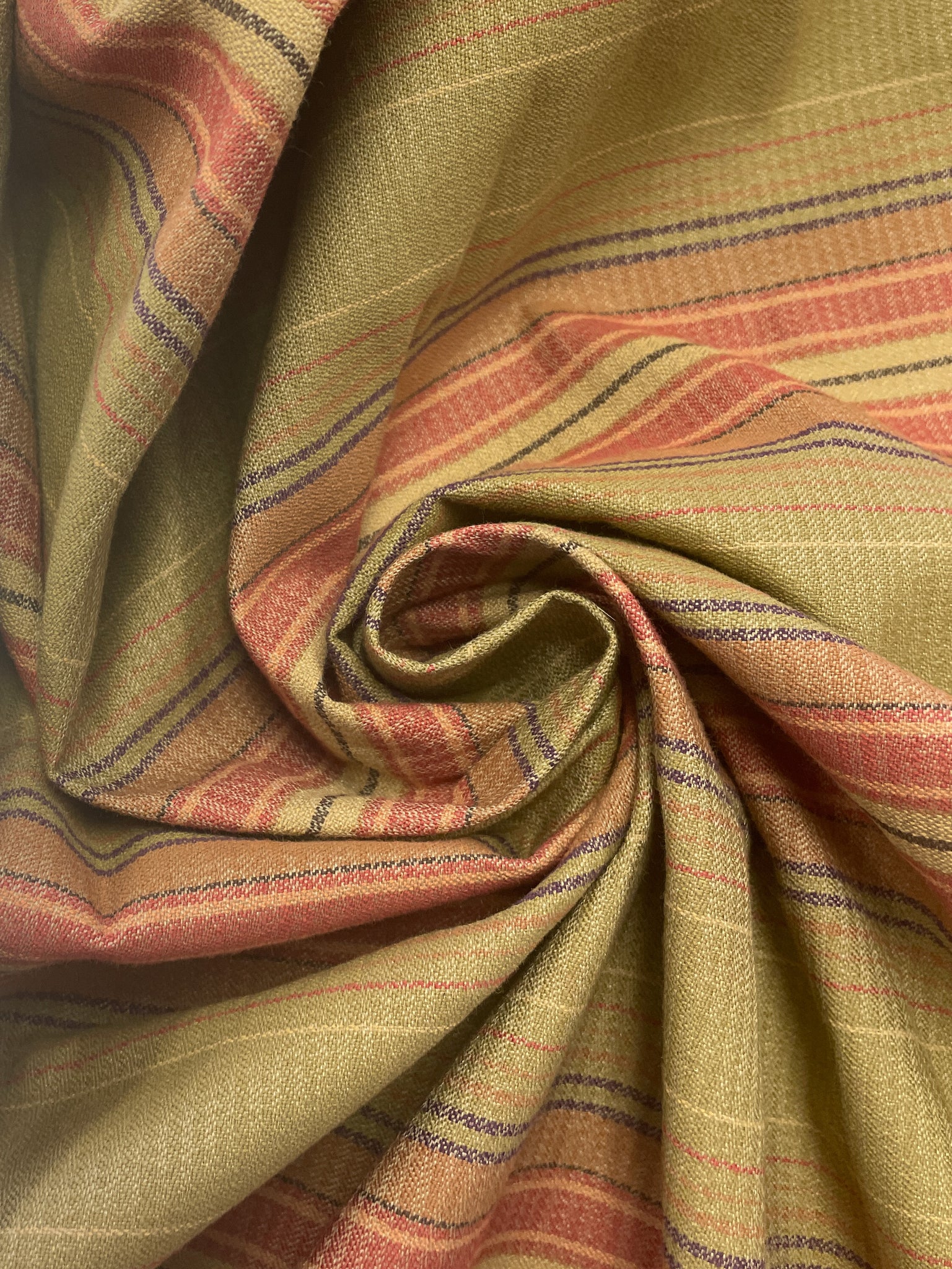 2 1/2 YD Cotton - Olive Green with Red, Orange, Purple and Tan Stripes