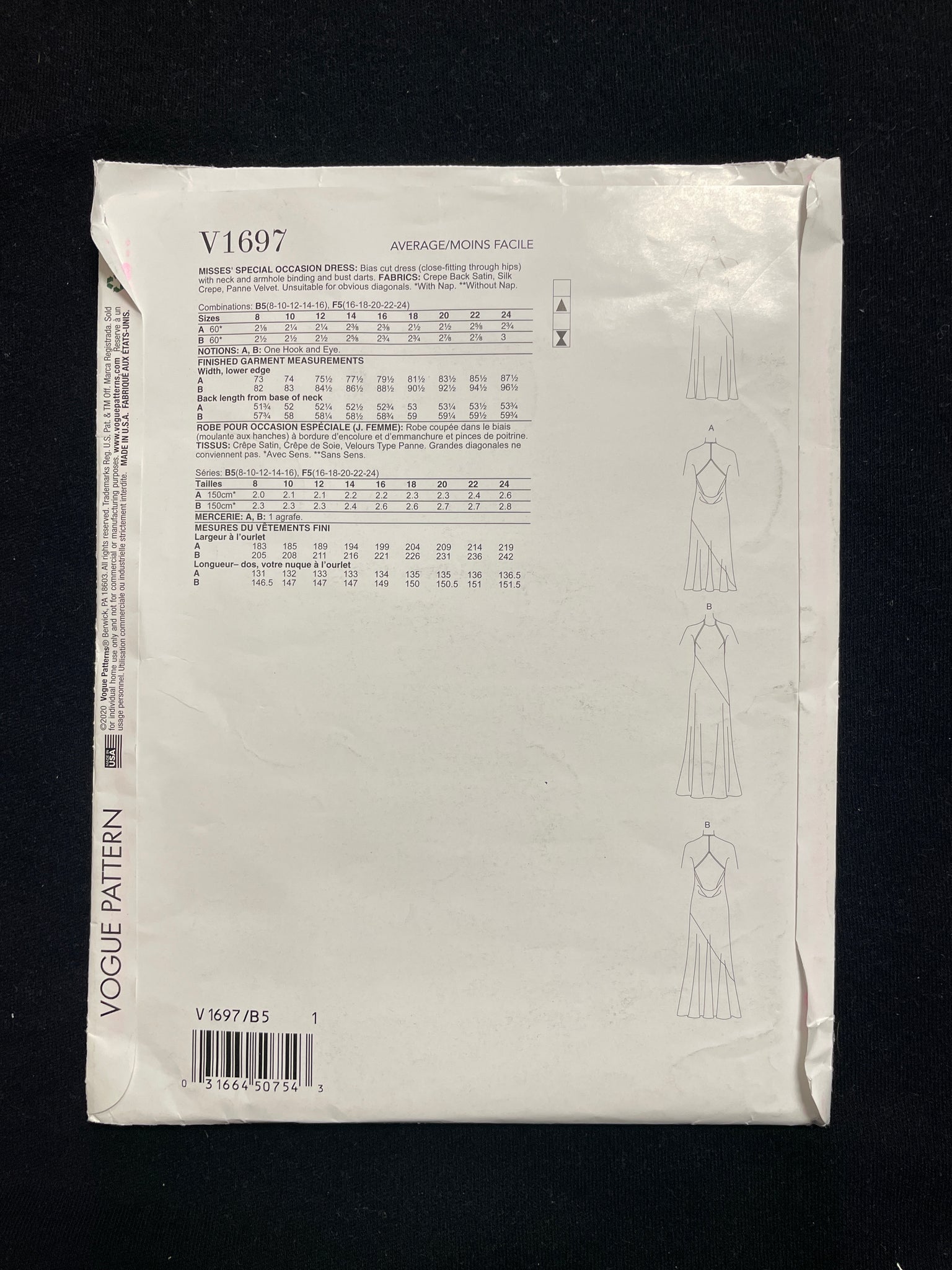 2020 Vogue 1697 Sewing Pattern - Bias Dress FACTORY FOLDED