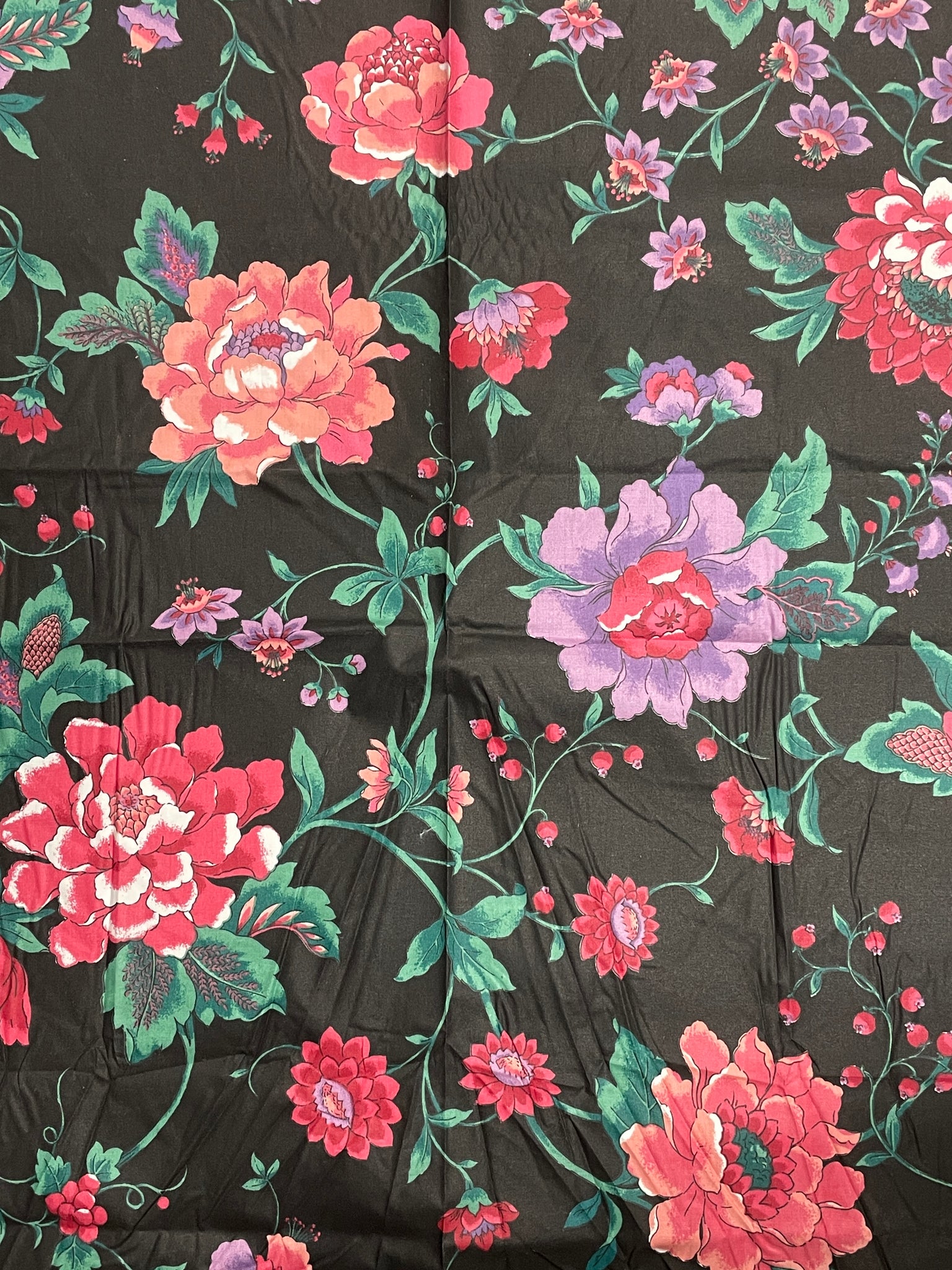 1 1/8 YD Cotton Blend Vintage - Black with Large Red and Purple Flowers