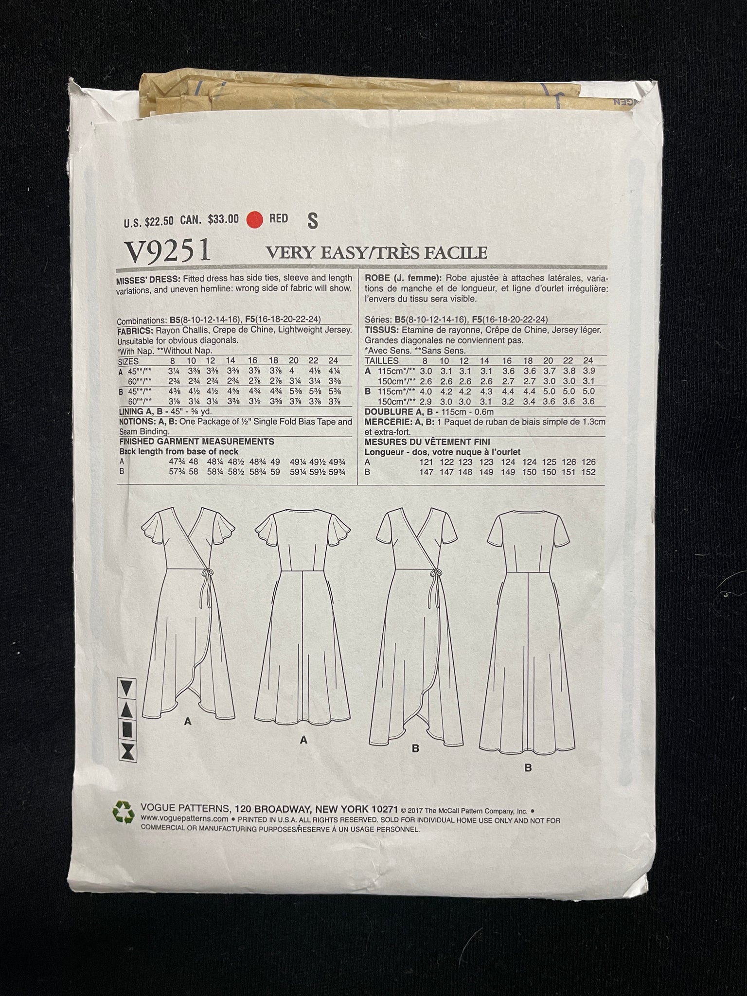 2017 Vogue 9251 Sewing Pattern - Dress FACTORY FOLDED