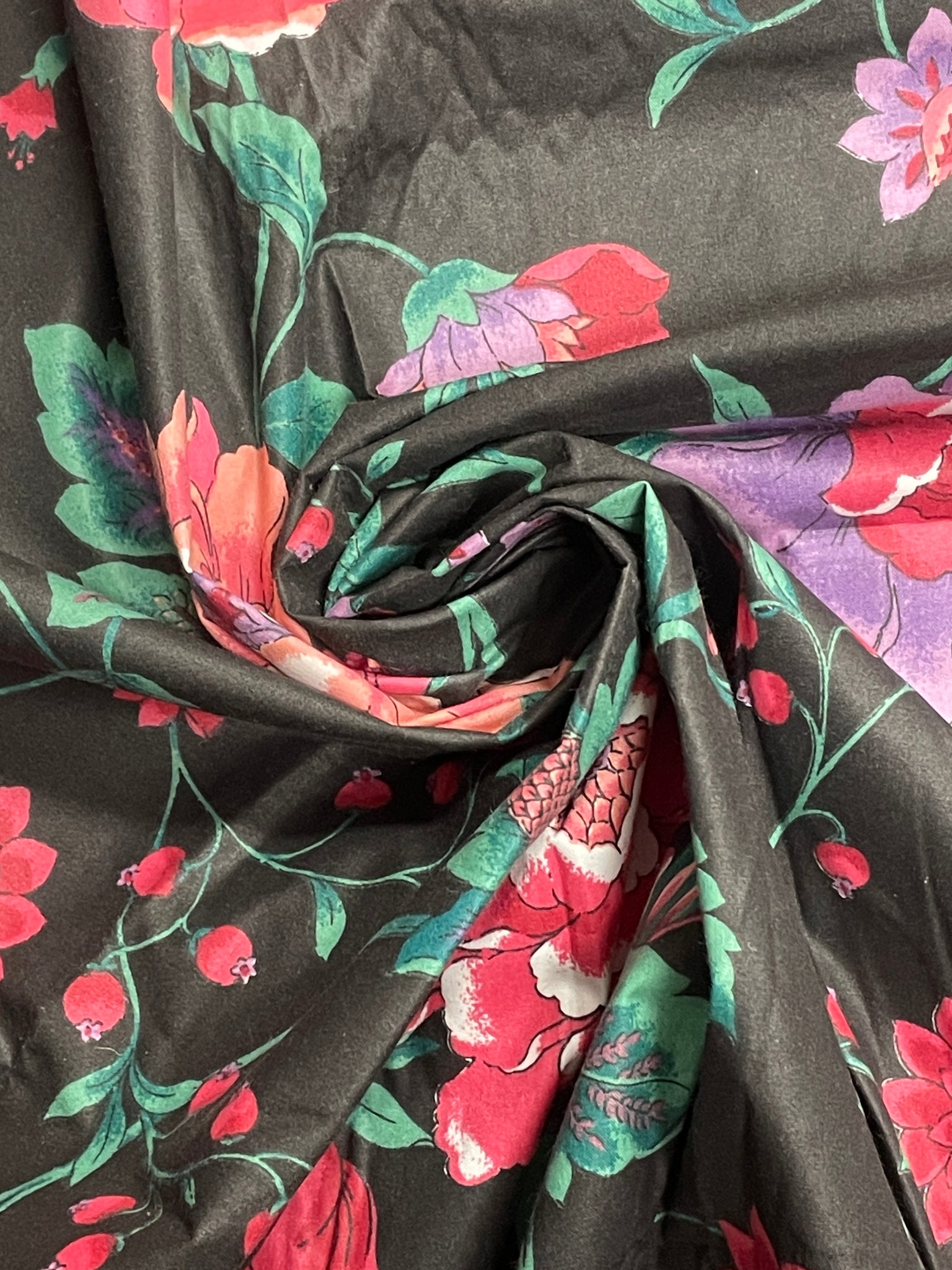 1 1/8 YD Cotton Blend Vintage - Black with Large Red and Purple Flowers