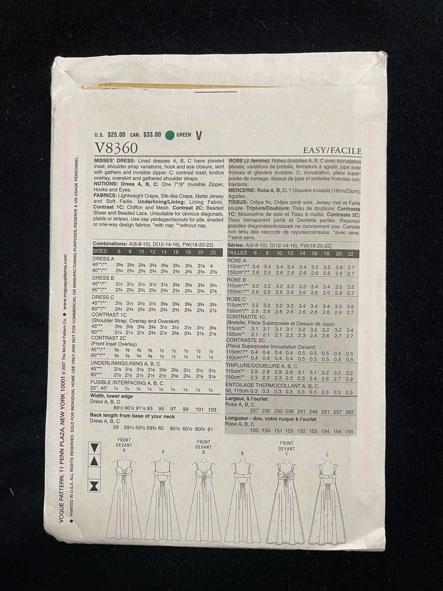 2007 Vogue 8360 Sewing Pattern - Dresses FACTORY FOLDED