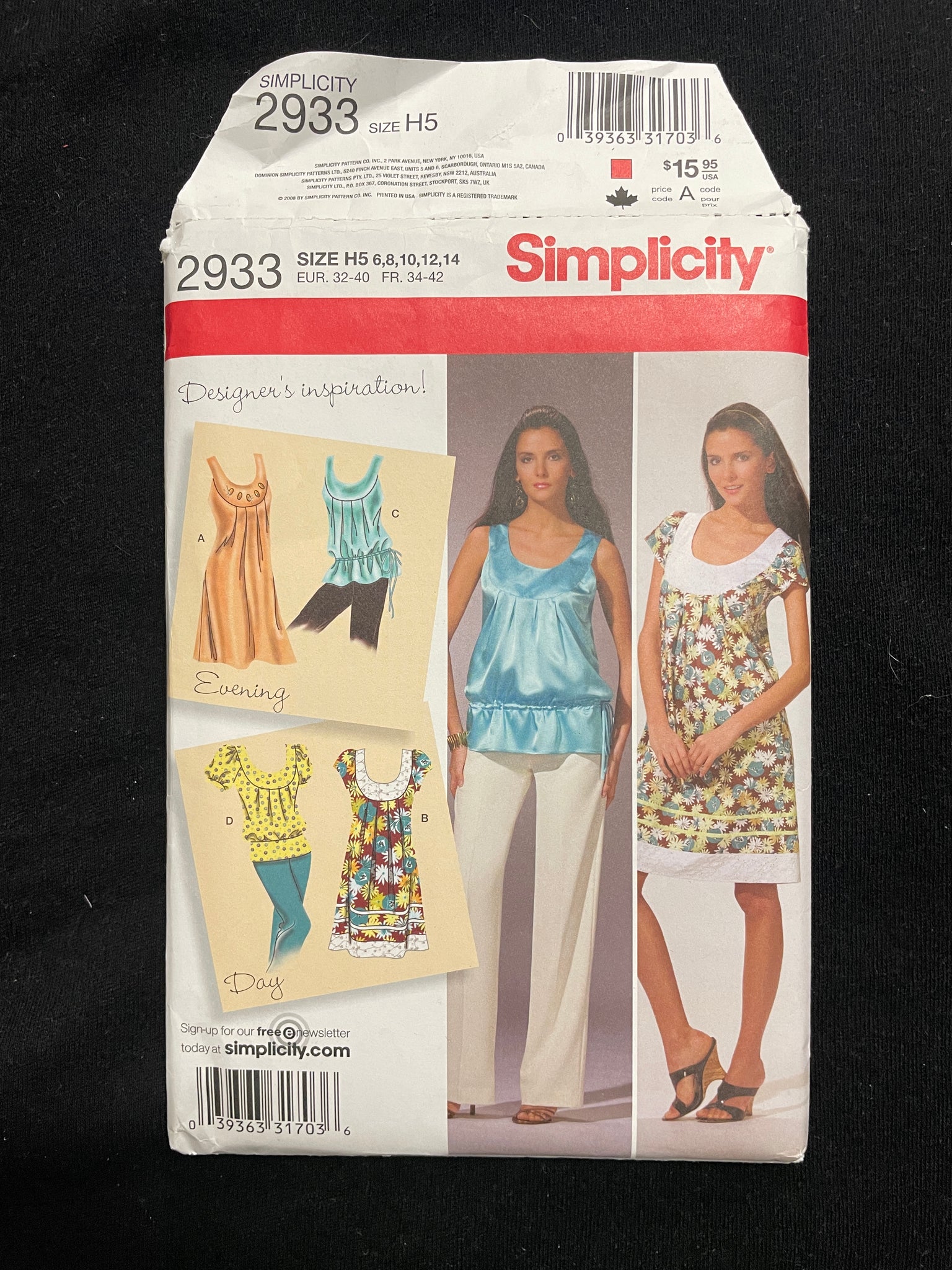 2008 Simplicity 2933 Sewing Pattern - Dress and Top FACTORY FOLDED