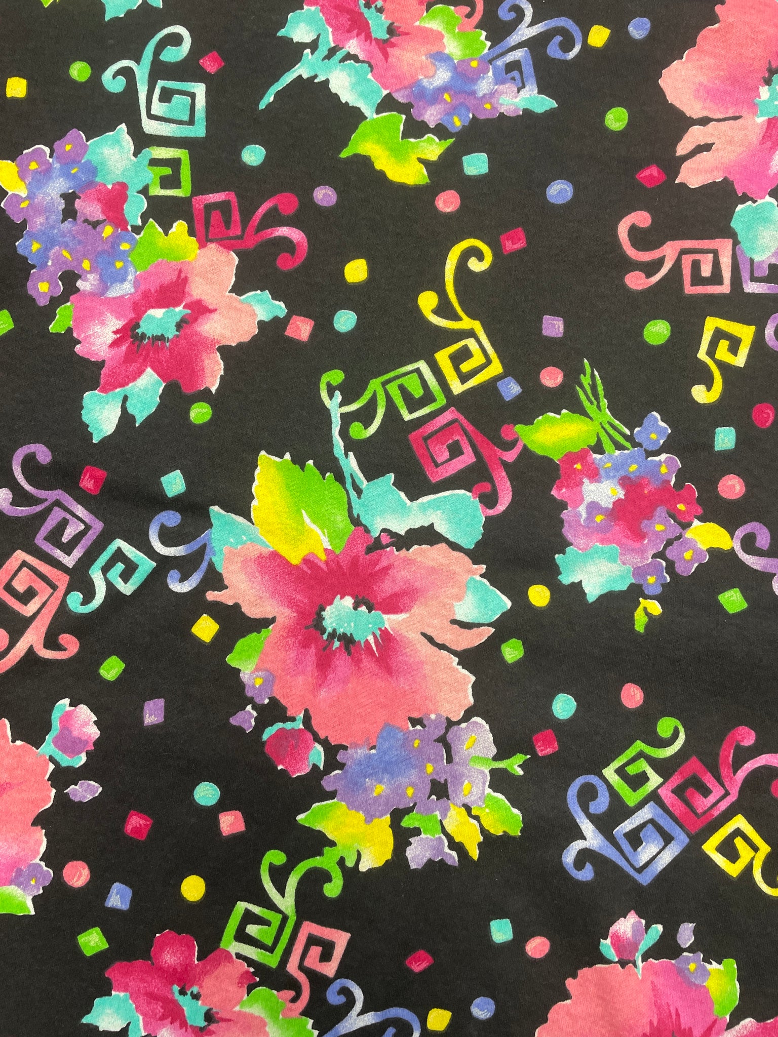 1 1/2 YD Cotton Blend Knit Vintage - Black with Bright Flowers and "Confetti"