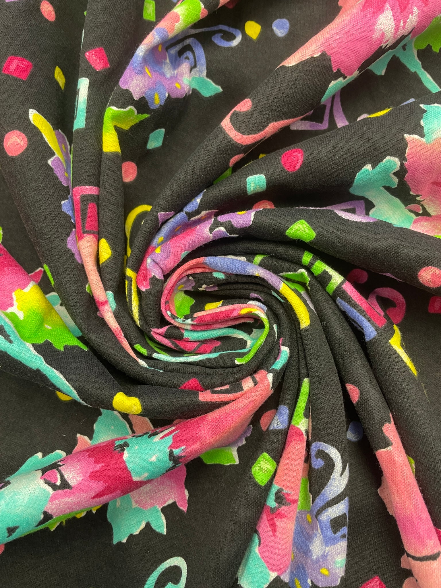 1 1/2 YD Cotton Blend Knit Vintage - Black with Bright Flowers and "Confetti"