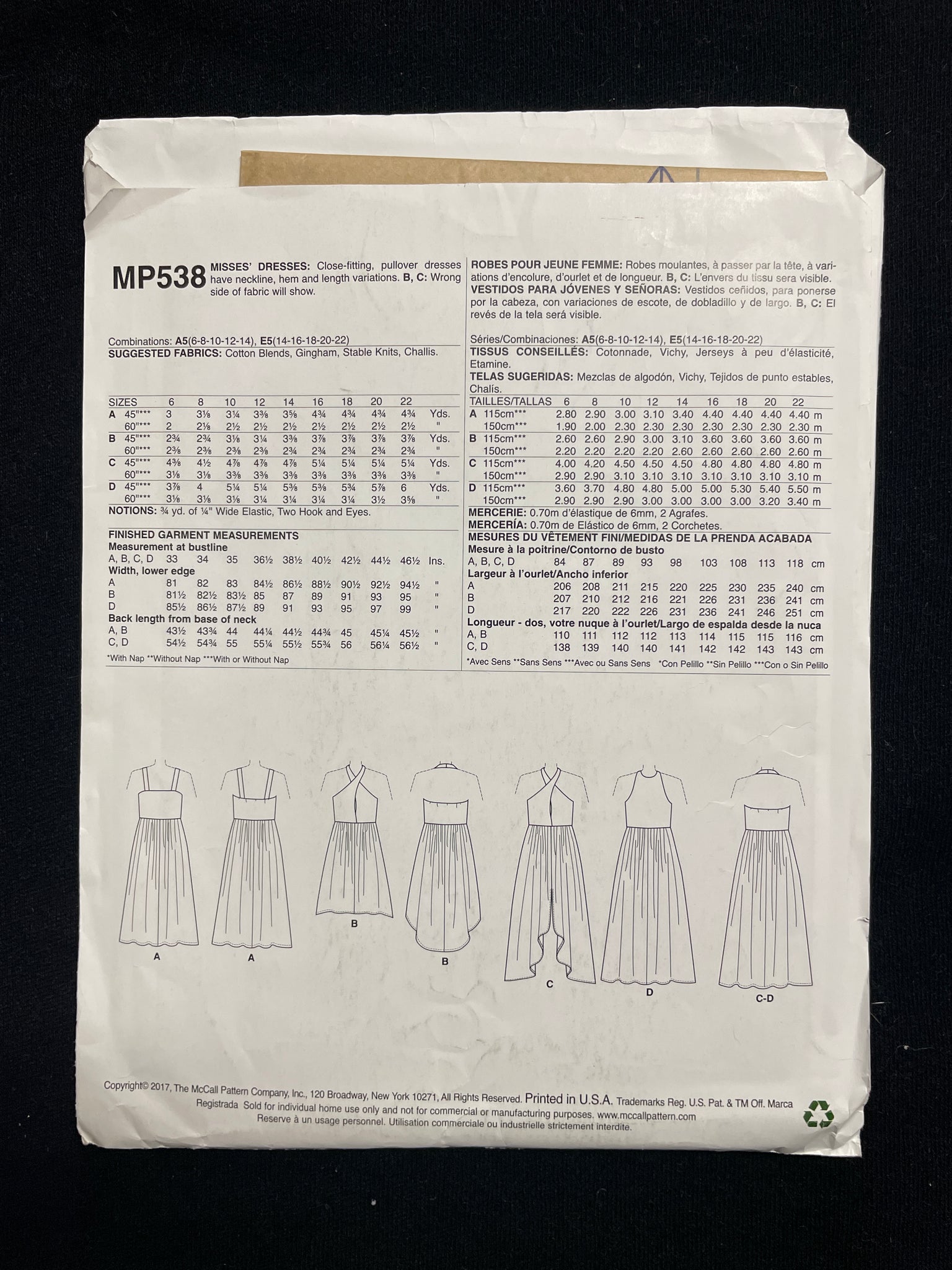 2017 McCall's 538 Sewing Pattern - Dress FACTORY FOLDED