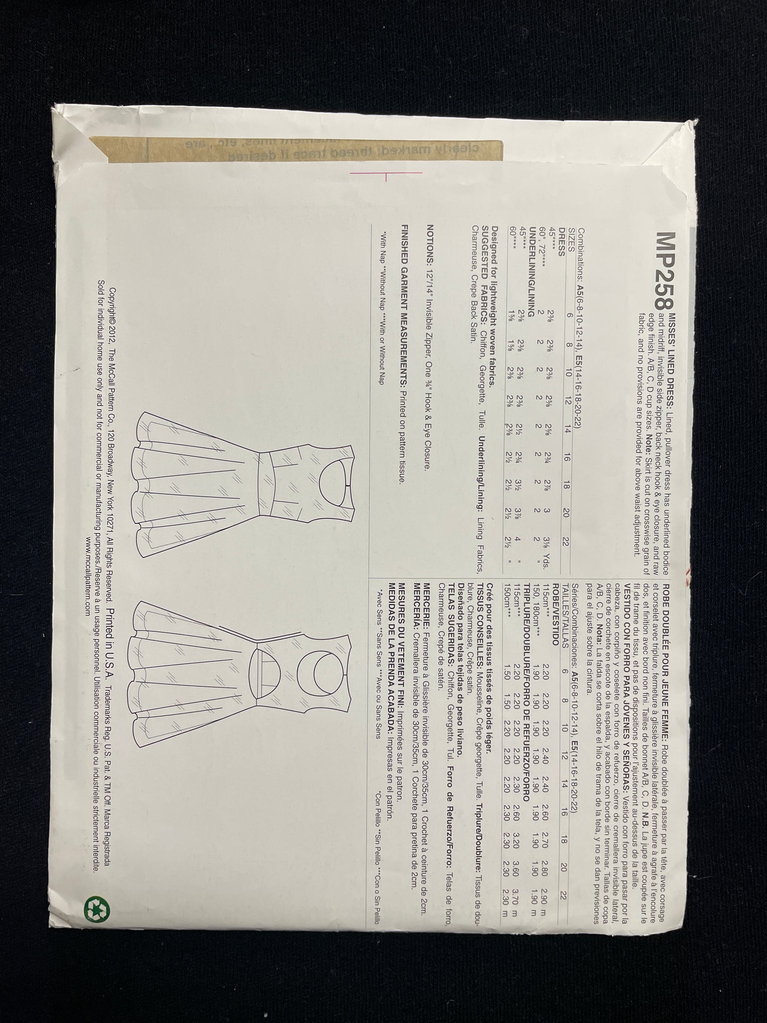 2012 McCall's 258 Sewing Pattern - Dress FACTORY FOLDED