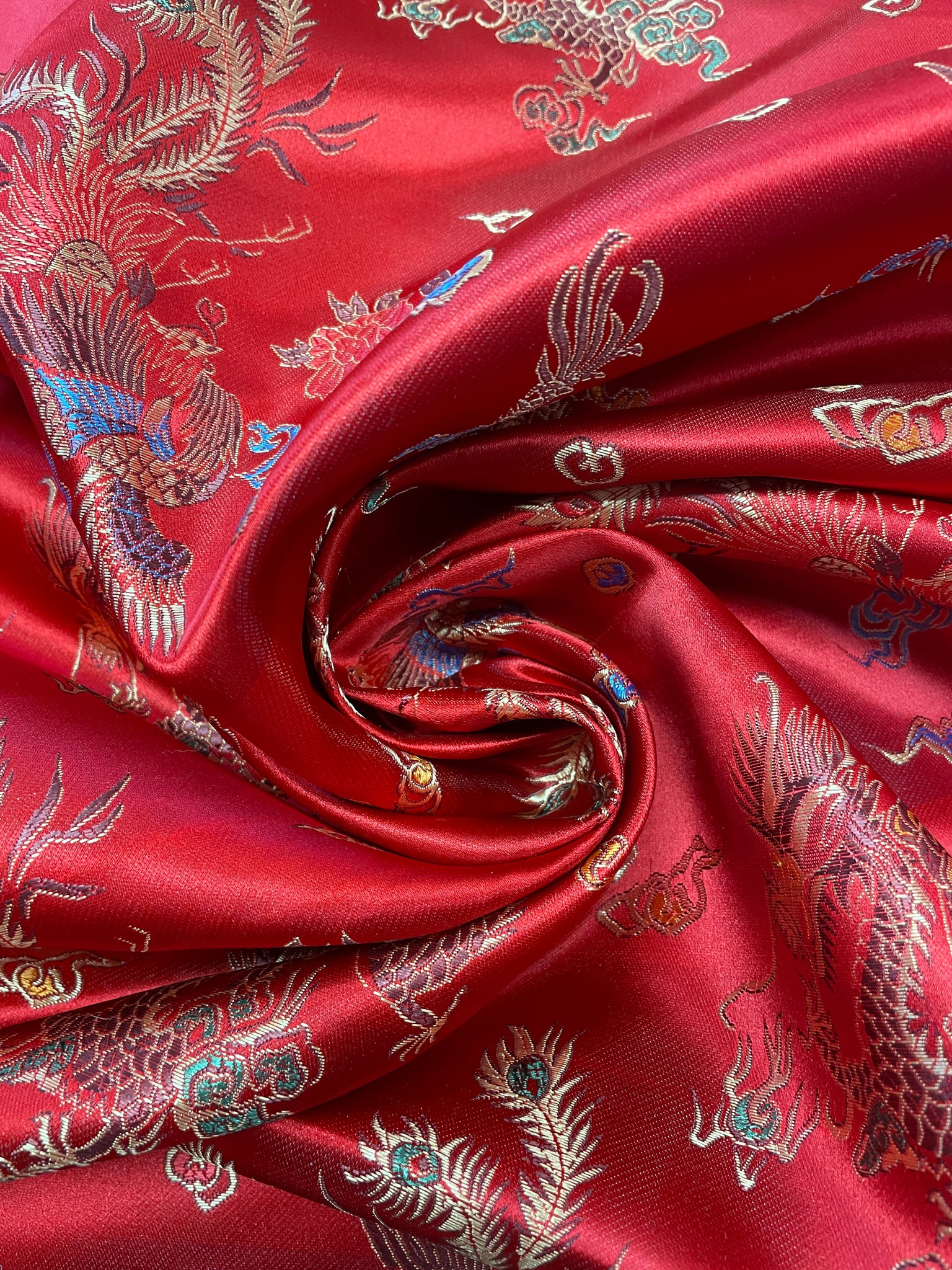 4 1/4 YD Polyester Satin Brocade - Red with Dragons