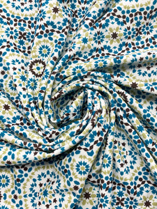 2 3/4 YD Spandex Lycra - White with Teal, Green and Dark Brown Motifs