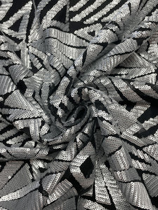 Sequined Fabric - Matte Silver Sequins on Black Net