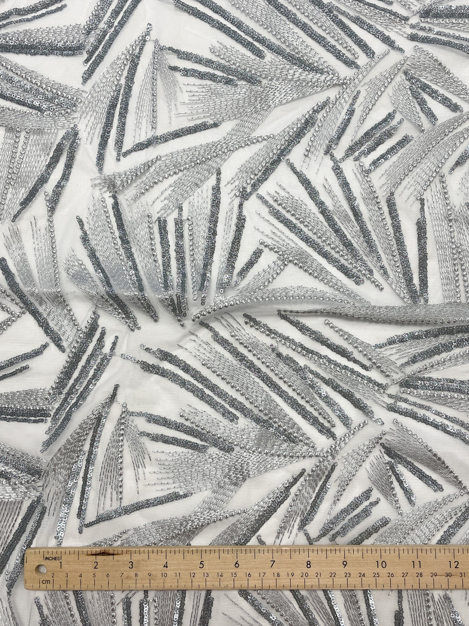 3 YD Sequined Fabric - Metallic Silver Sequins and Embroidery on Gray Net