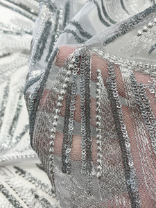 3 YD Sequined Fabric - Metallic Silver Sequins and Embroidery on Gray Net