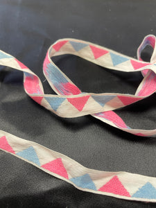 2 YD Cotton Ribbon Vintage - White with Woven Pink and Blue Triangles