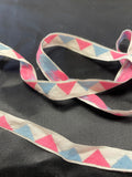 2 YD Cotton Ribbon Vintage - White with Woven Pink and Blue Triangles