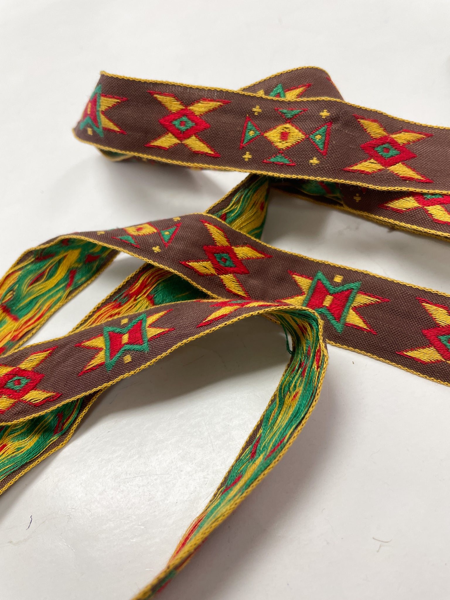 2 1/2 YD Cotton Ribbon Vintage - Brown with Red, Yellow and Green Southwestern Motif