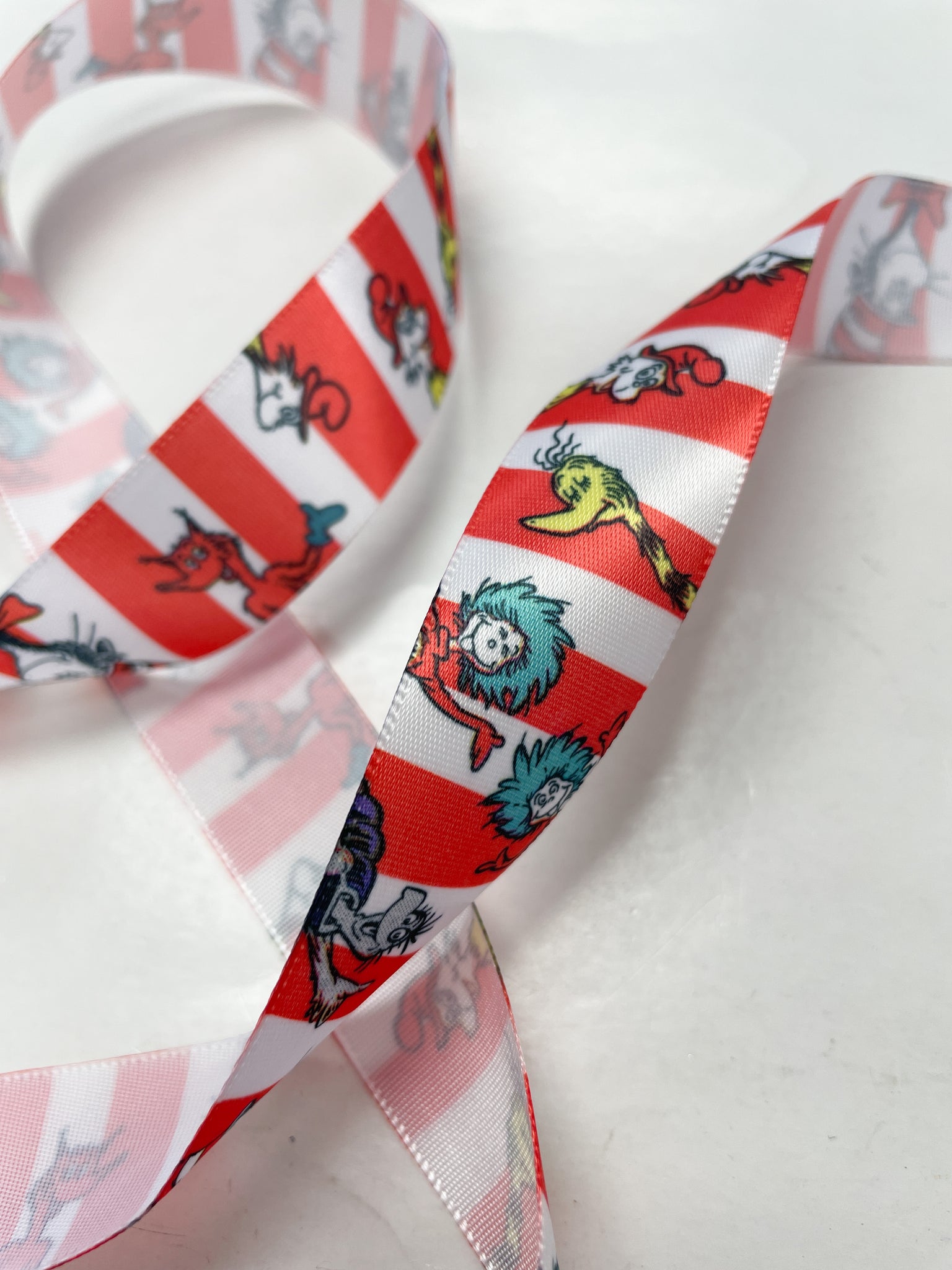 3 YD Polyester Printed Satin Ribbon - Red and White Stripes with Dr. Seuss Characters