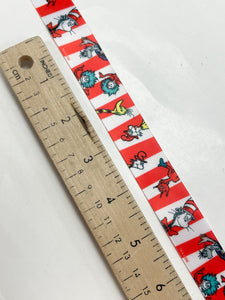 3 YD Polyester Printed Satin Ribbon - Red and White Stripes with Dr. Seuss Characters