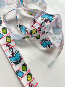 1 5/8 YD Polyester Printed Satin Ribbon - White with Cat In the Hat