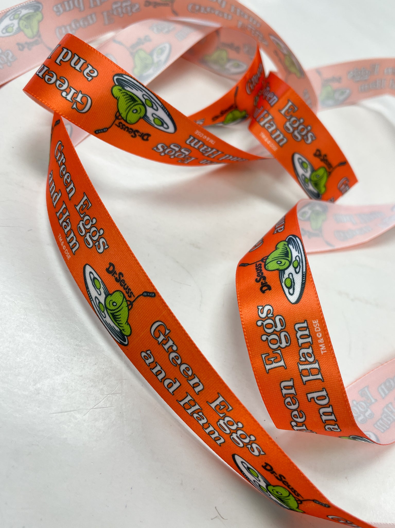 2 YD Polyester Printed Satin Ribbon - Orange with Dr. Seuss' "Green Eggs and Ham"