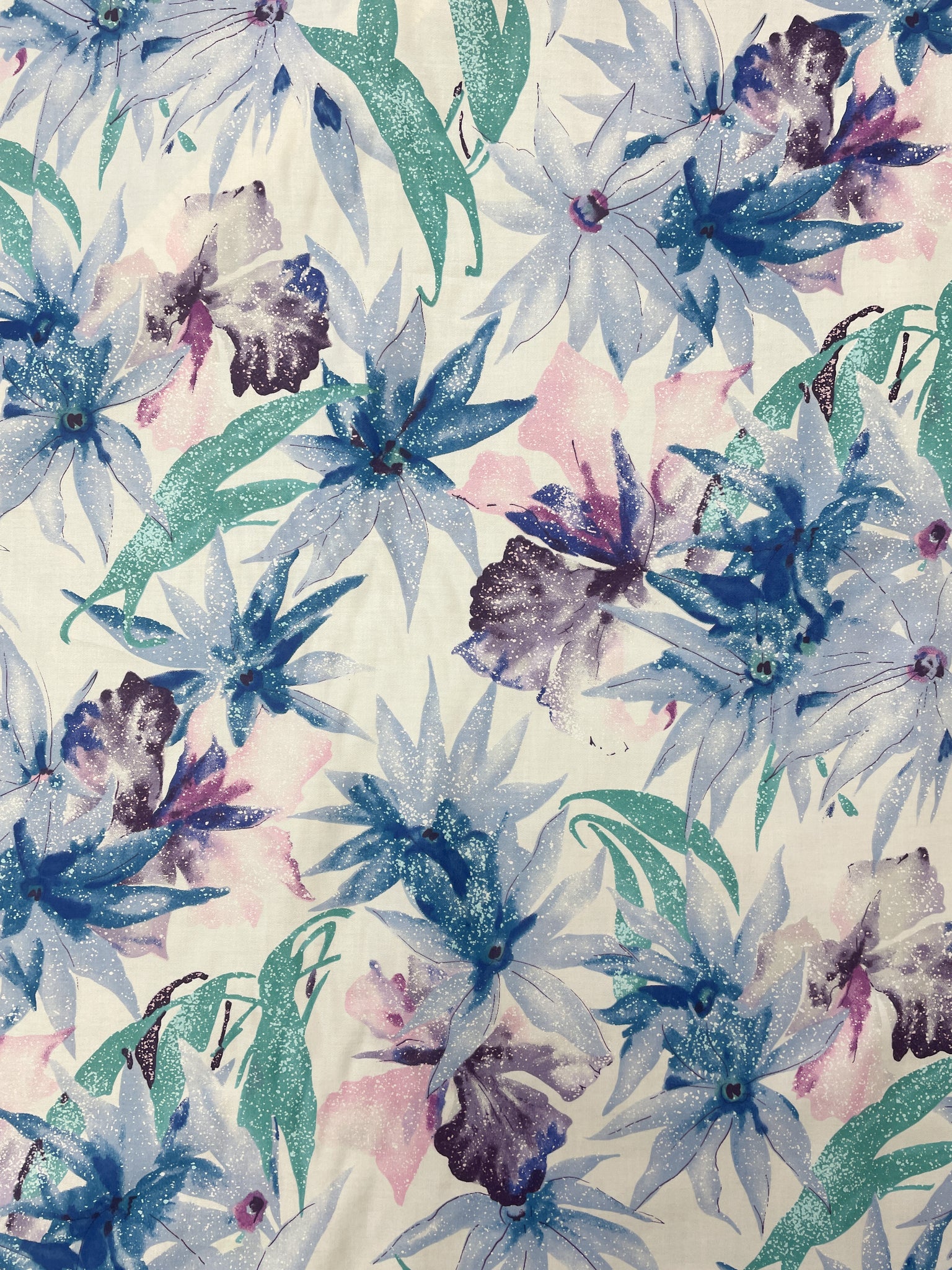 Cotton Vintage - White with Blue, Purple and Pink Flowers