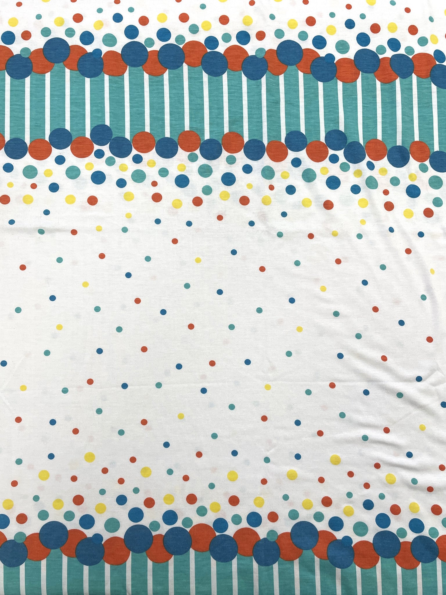 1 3/4 YD Cotton Blend Knit - White with Aqua, Blue, Orange and Yellow Polka Dots