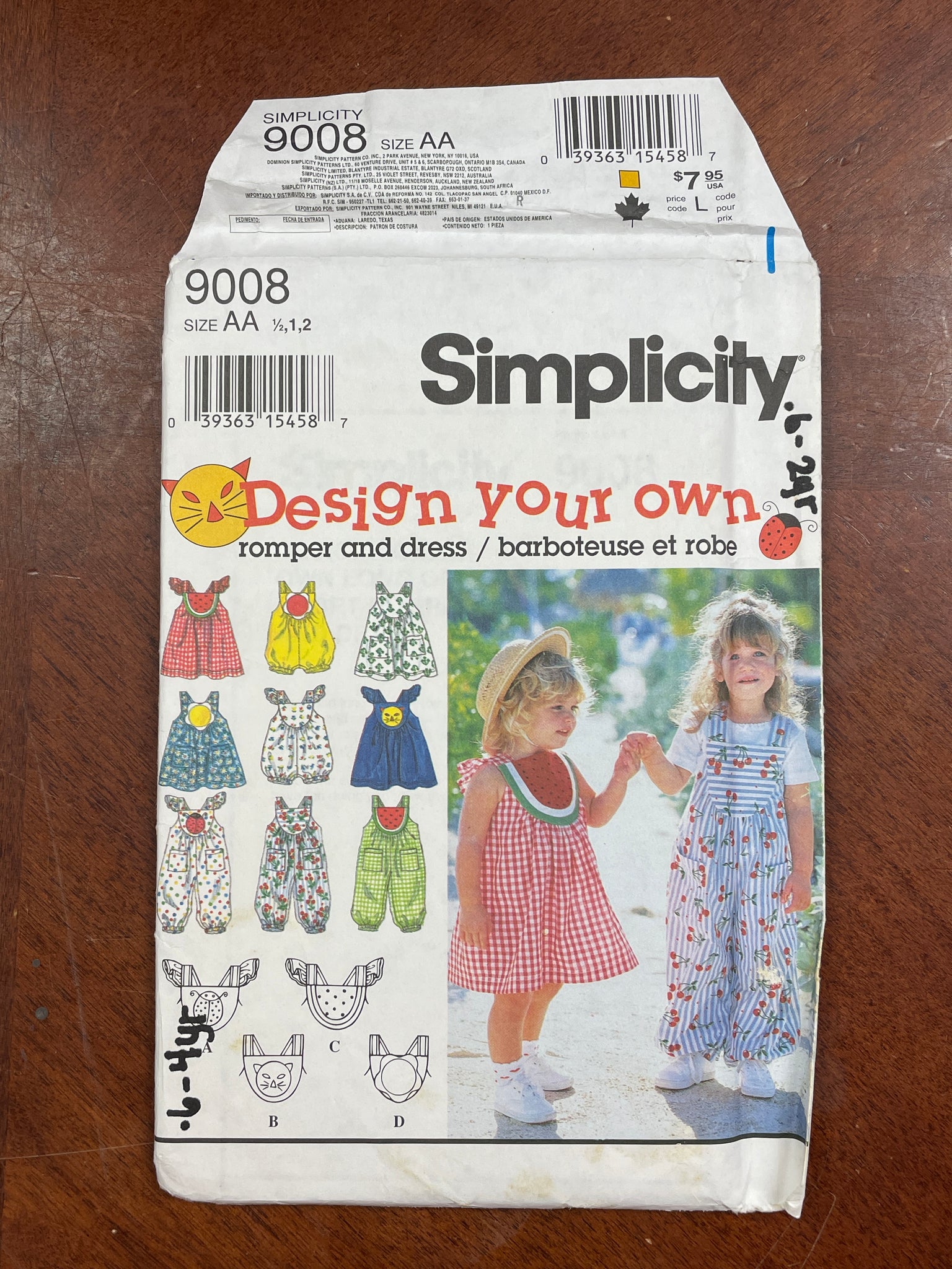 1996 Simplicity 9008 Pattern - Toddlers' Rompers and Dress FACTORY FOLDED