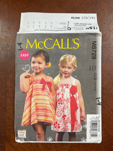 2013 McCall's 6728 Pattern - Toddler's Dress FACTORY FOLDED