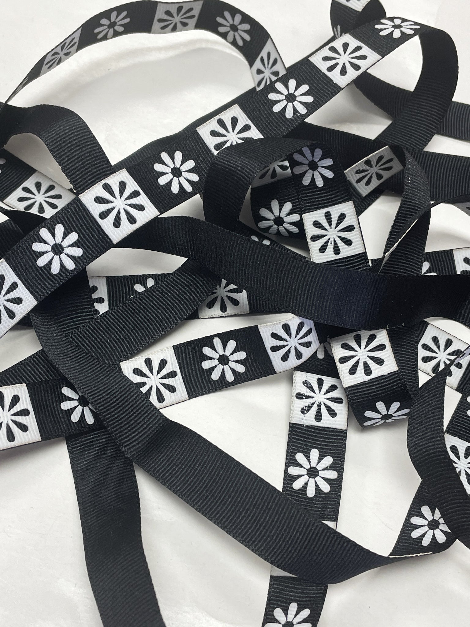 6 1/4 YD Polyester Grosgrain Ribbon - Black and Printed with White Flowers
