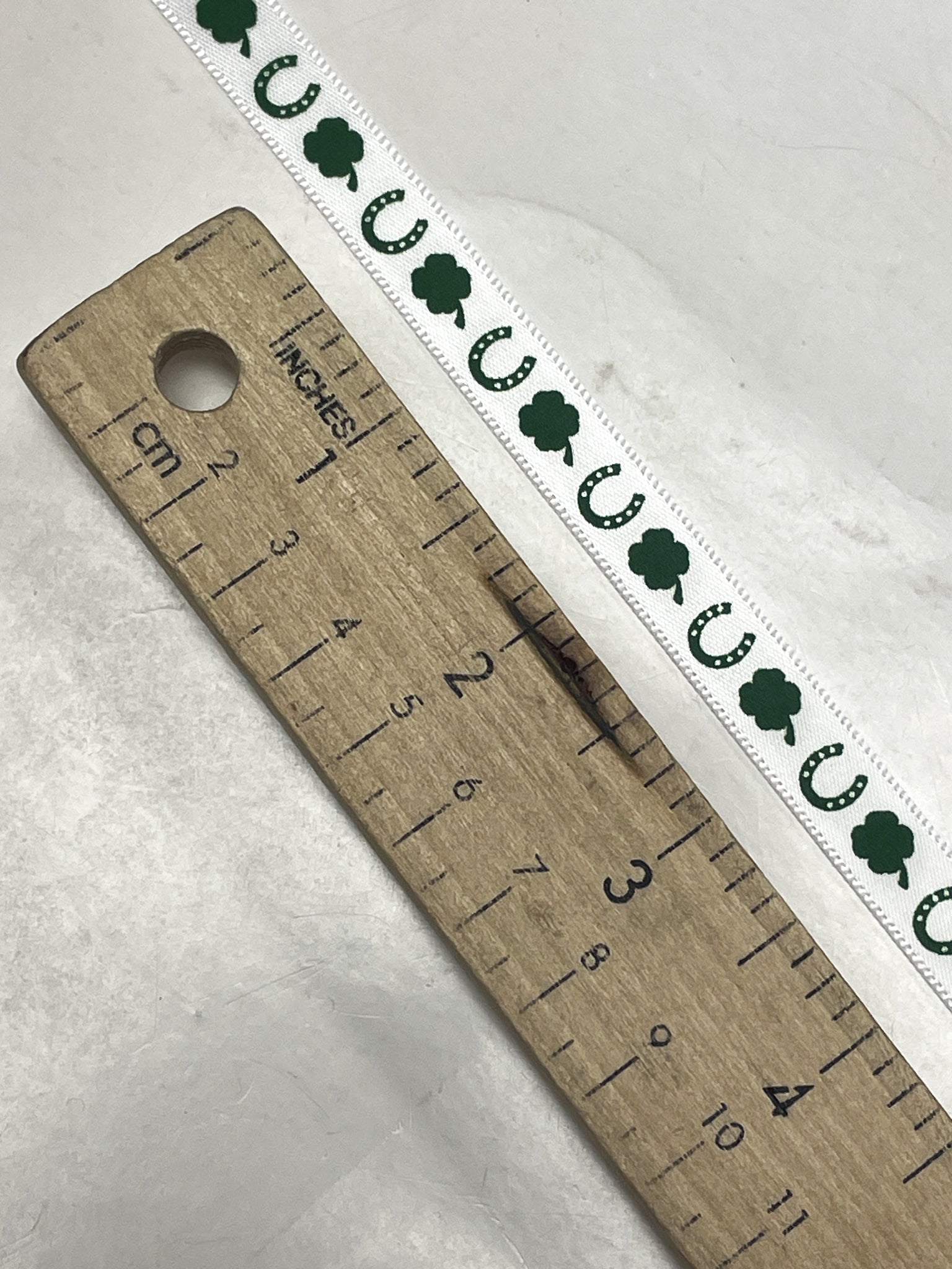 4 YD Polyester Satin Ribbon - White and Printed with Shamrocks and Horseshoes