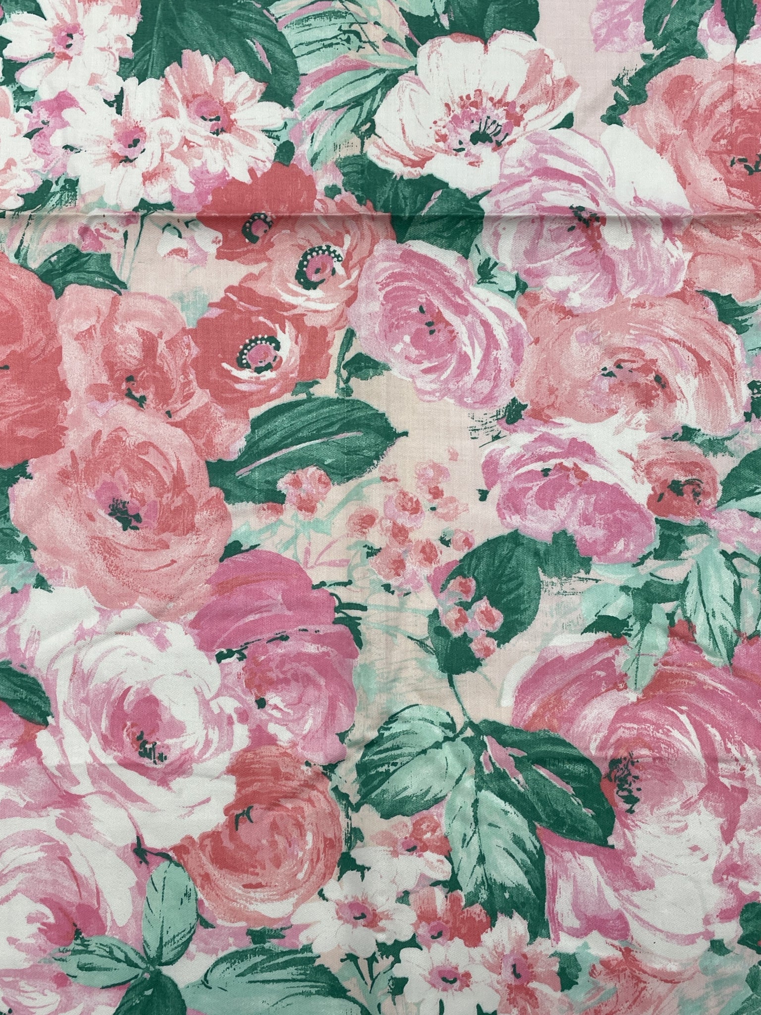 1 1/4 YD Poly/Cotton Vintage - Pink Flowers with Green Leaves