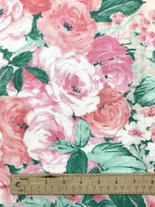 1 1/4 YD Poly/Cotton Vintage - Pink Flowers with Green Leaves