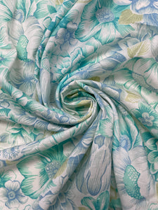 Cotton Blend Slub Weave Batiste Vintage - White with Aqua and Blue Flowers