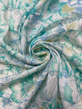 Cotton Blend Slub Weave Batiste Vintage - White with Aqua and Blue Flowers