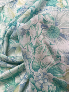 Cotton Blend Slub Weave Batiste Vintage - White with Aqua and Blue Flowers